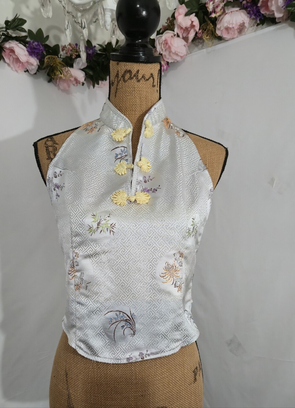 White Satin Like Floral Halter Top with Yellow Knot Buttons